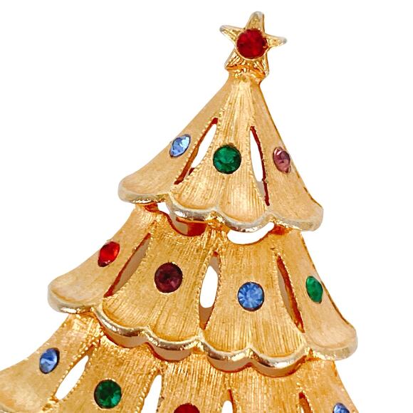 VTG Signed JJ Jonette Gold Tone Christmas Tree Brooch Pin Colorful Crystals - Picture 3 of 10